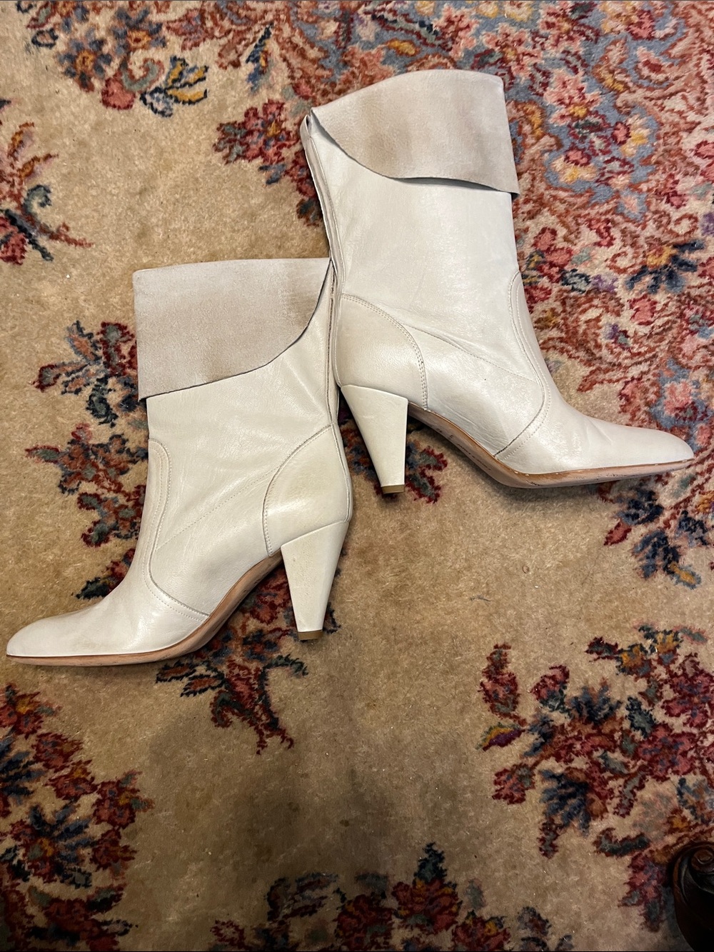 Cream Pointed-Toe Mid Heel Ankle Boots